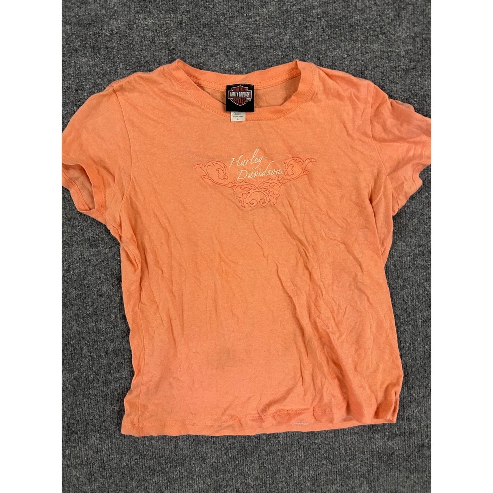 Harley-Davidson T-Shirt Womens Size L Orange Embroidered Graphic Short Sleeve